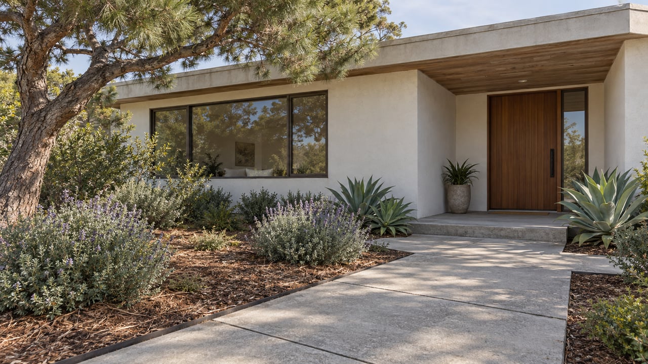 Contemporary white stucco home beyond a deep planted garden, with a spreading pine, cedar entry, and concrete approach.