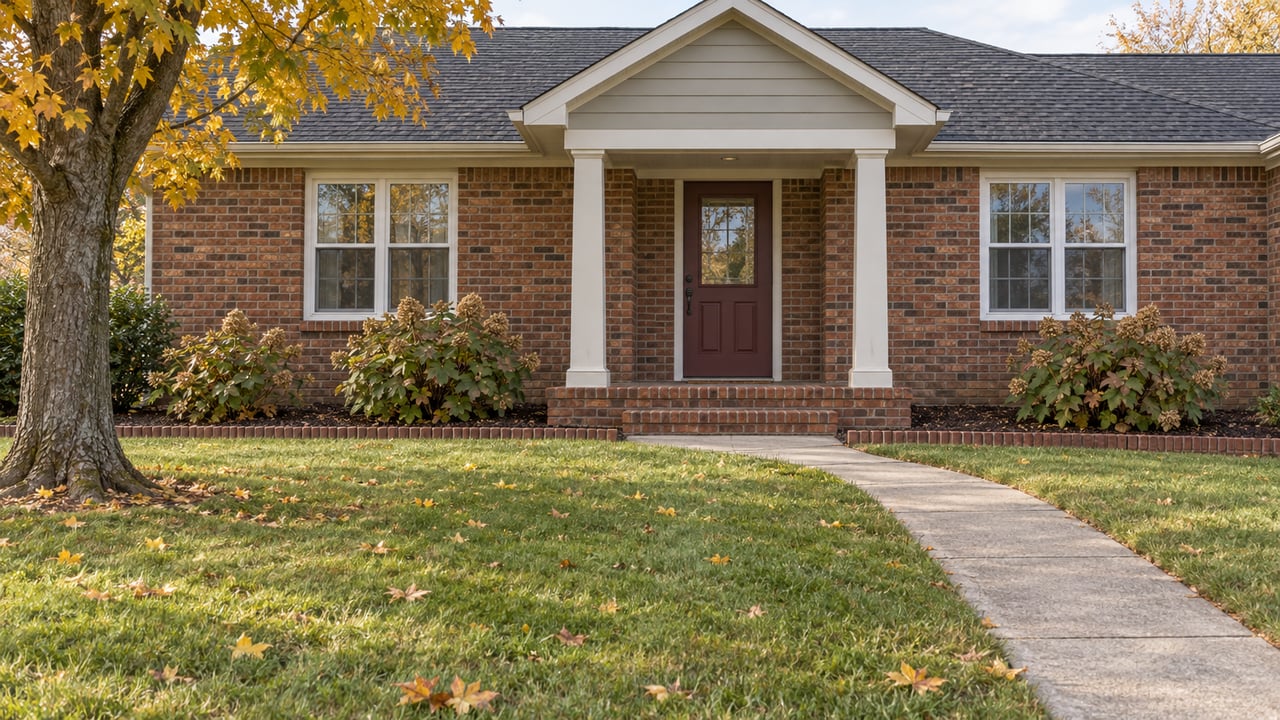 Red-brick home with a recessed burgundy entry, broad autumn lawn, and a concrete approach beneath golden maple branches.