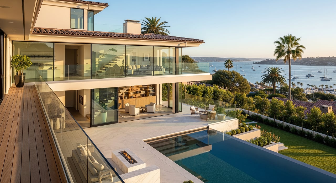 Modern glass-fronted villa with a long pool overlooking a coastal harbor and anchored boats.