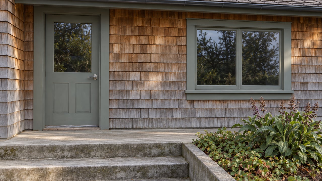 Weathered cedar-shingle entrance with a gray-green door, enclosed timber-framed window, concrete steps, and low native planting.