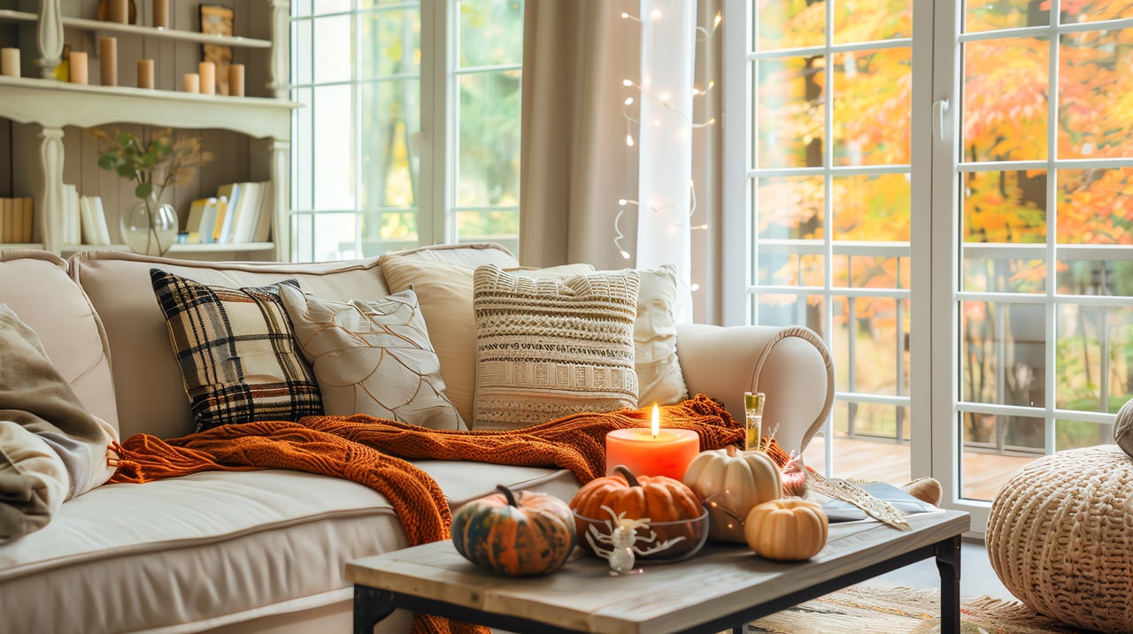 Cozy living room with fall decor and natural light, perfect for showcasing a Houston home for sale. Features a neutral sofa, seasonal pumpkins, and warm accents, ideal for real estate staging to attract buyers in the Houston real estate market.