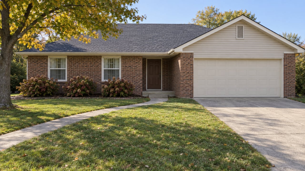 Brown-red brick ranch with tan gable siding, a cream attached garage, broad autumn lawn and a mature tree beside the concrete front walk.