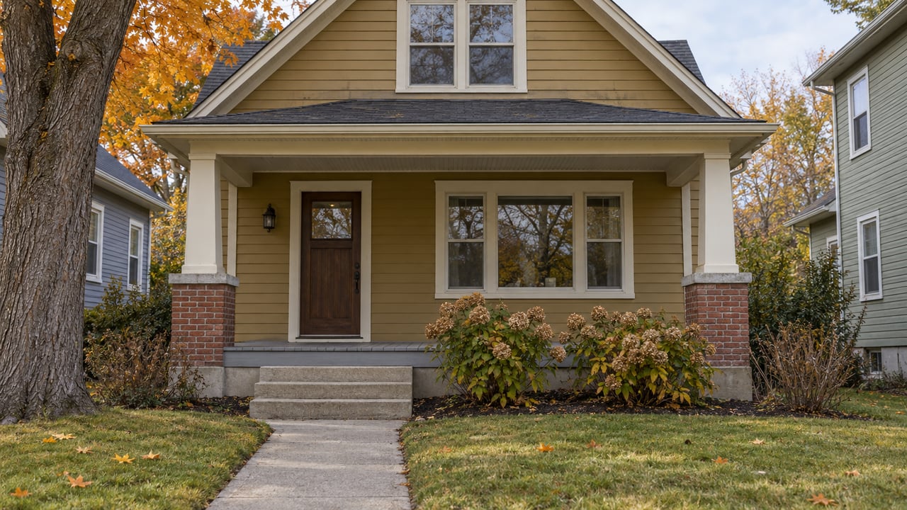 Ochre clapboard home with a covered brick-pier porch, worn concrete approach, dried hydrangeas and an orange sugar maple.