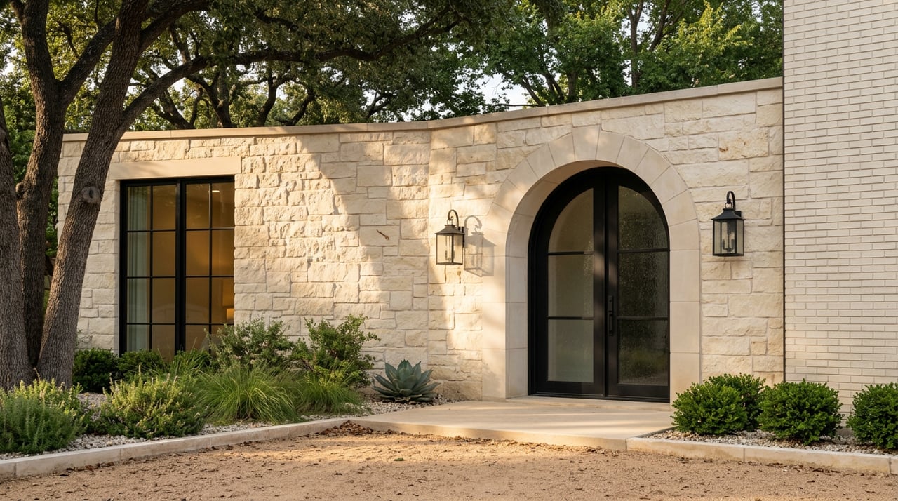 Limestone arched entry with black steel-and-glass double doors beneath a live oak canopy.