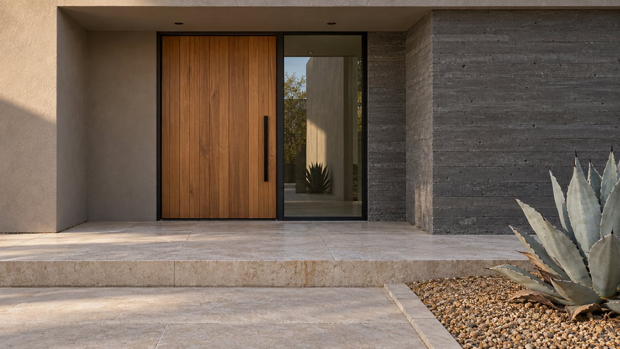 A recessed modern home entrance with a warm wood door, black-framed sidelight, charcoal concrete, pale stone steps, and a blue-gray agave.