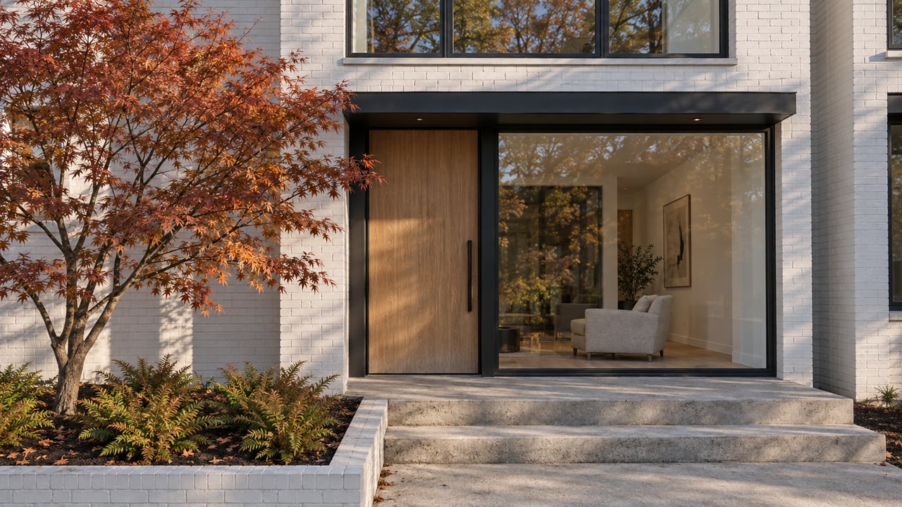 Contemporary white-brick residence with black-framed windows, an oak entry door and a russet Japanese maple beside concrete steps.