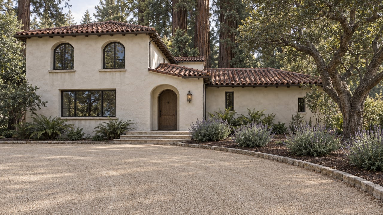 A white stucco home with clay roof tiles and an oak entry door stands beyond a broad stone arrival court, framed by mature redwoods and a spreading oak.