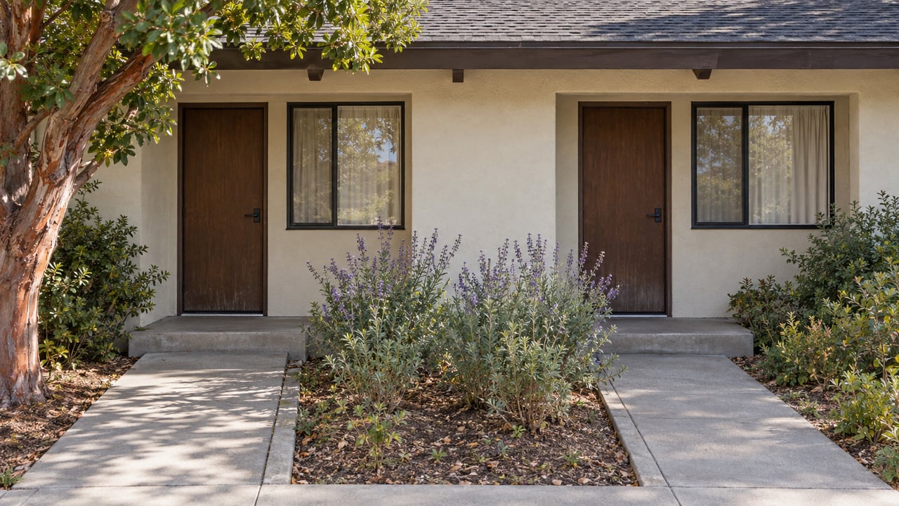Two walnut-toned entrance doors and black-framed windows in an ivory stucco duplex, with concrete paths and a planted bed.