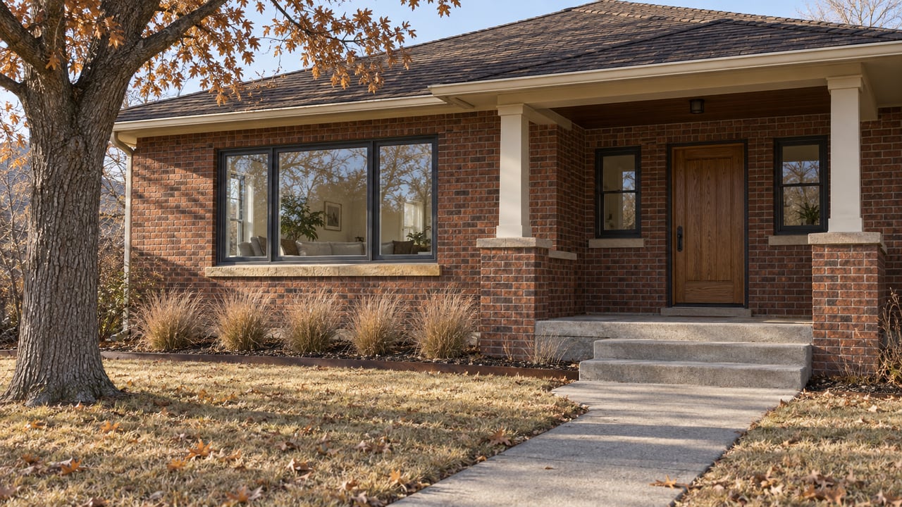 Russet brick bungalow with a sheltered oak entry, broad windows, and a dormant front lawn beneath an autumn oak.