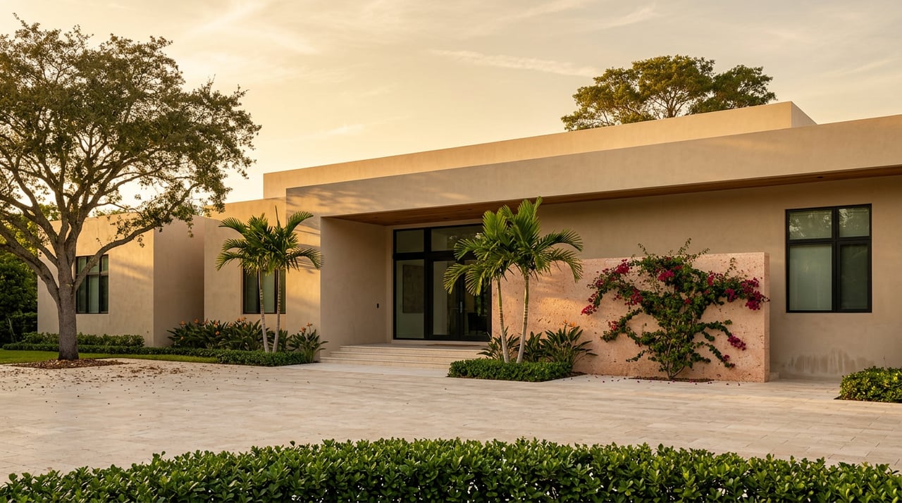 Contemporary sand-stucco estate with a coral-stone entry wall, twin palms, and a broad oak beside its motor court.