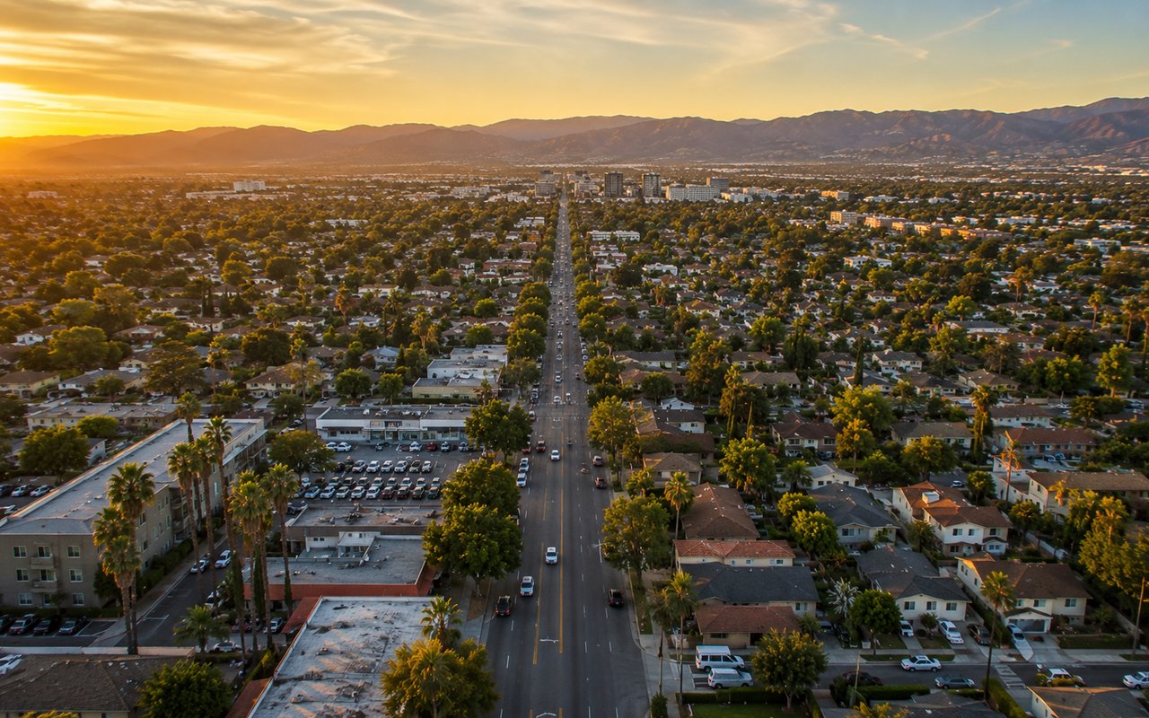 Tree-lined residential street in the central San Fernando Valley, Los Angeles