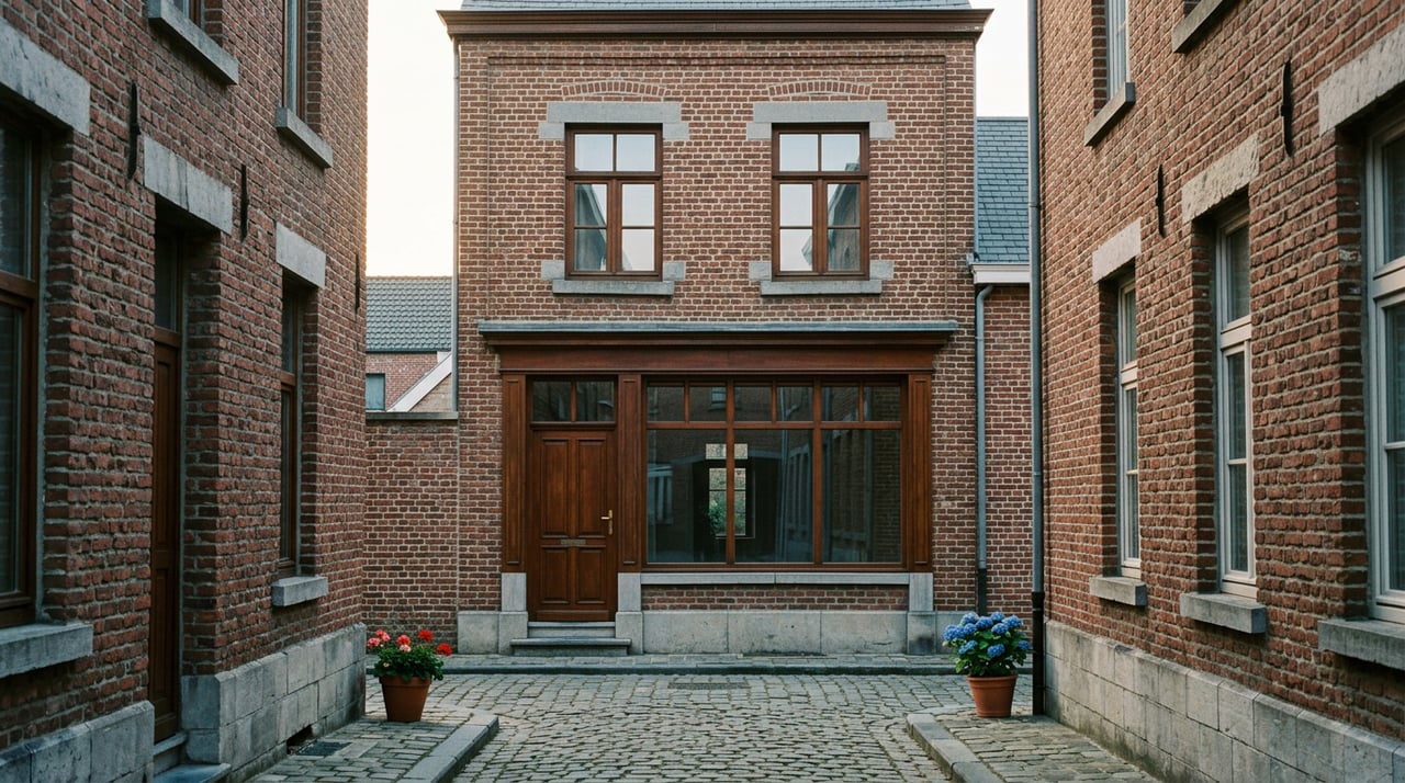 Two-story brick storefront at the end of a narrow cobblestone lane, with bronze-framed windows and a wood entry door.
