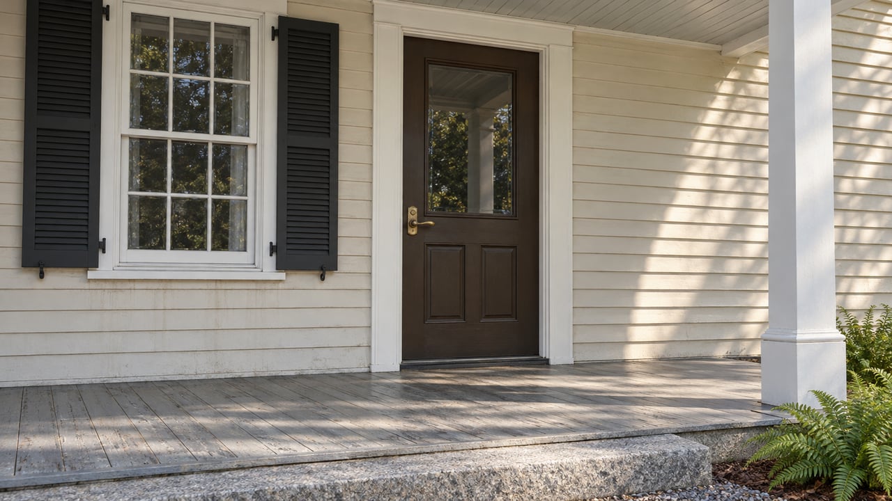 Morning light across a weathered wood porch, brown glazed front door and shuttered window on an ivory clapboard home.
