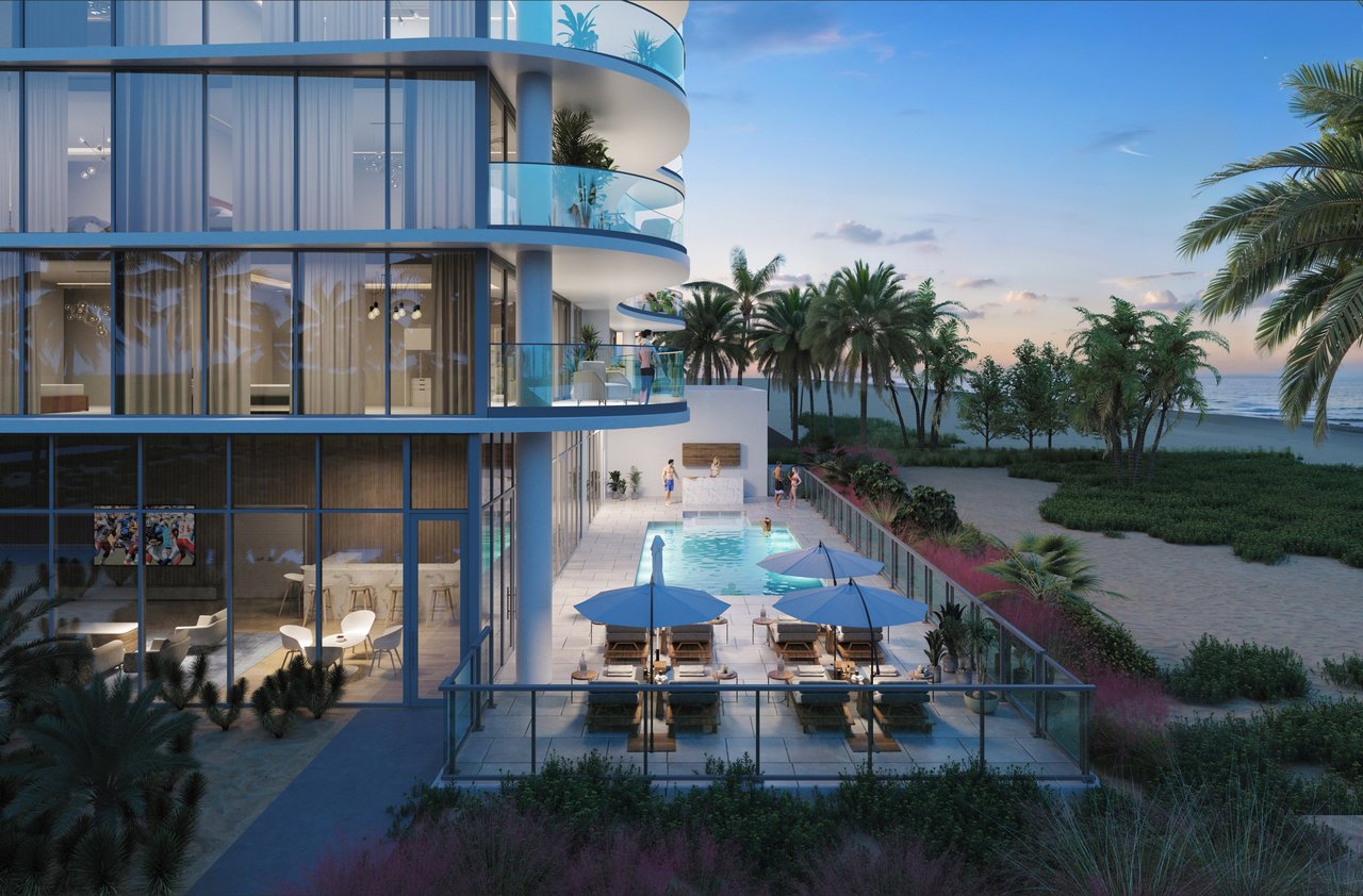 Ocean 580 rendering of the pool terrace and building façade.