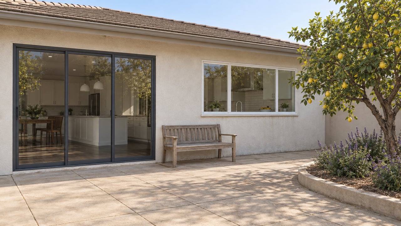 An off-white stucco home's enclosed rear doors overlook a pale paved patio with a weathered teak bench and one mature lemon tree.