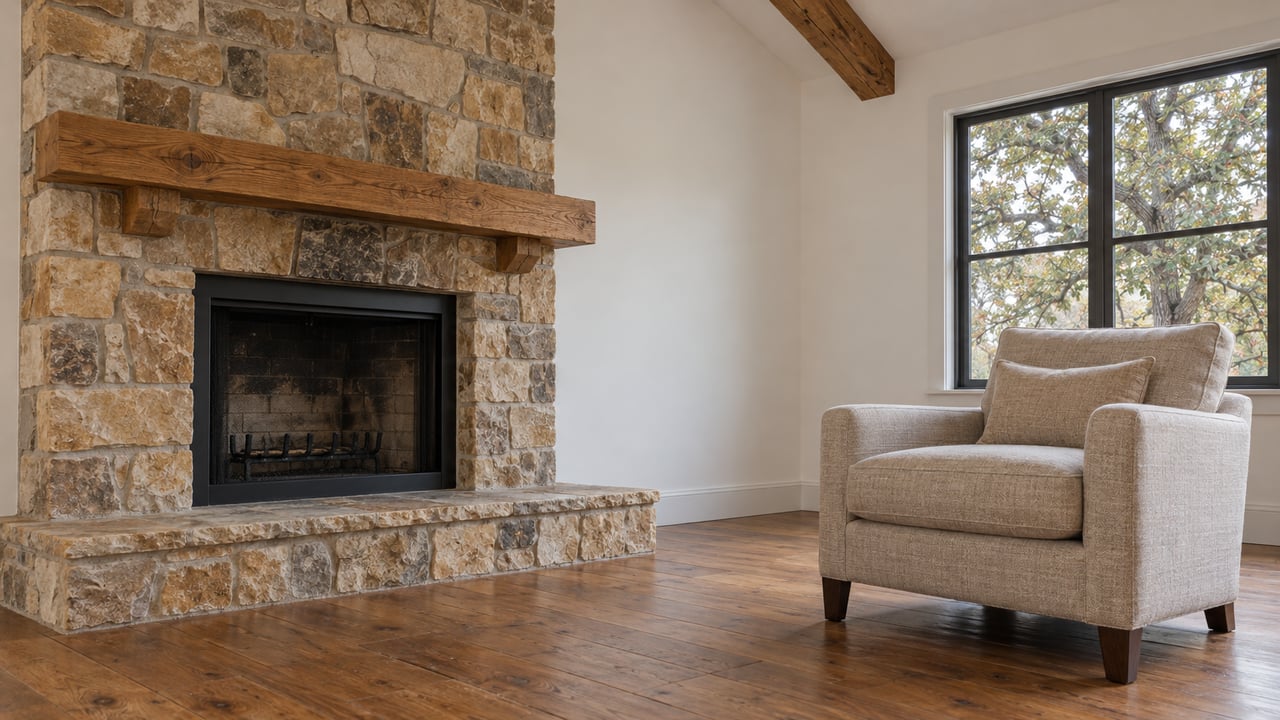 Soft daylight illuminates a sandstone fireplace, oak flooring and a linen armchair in a vaulted living room.