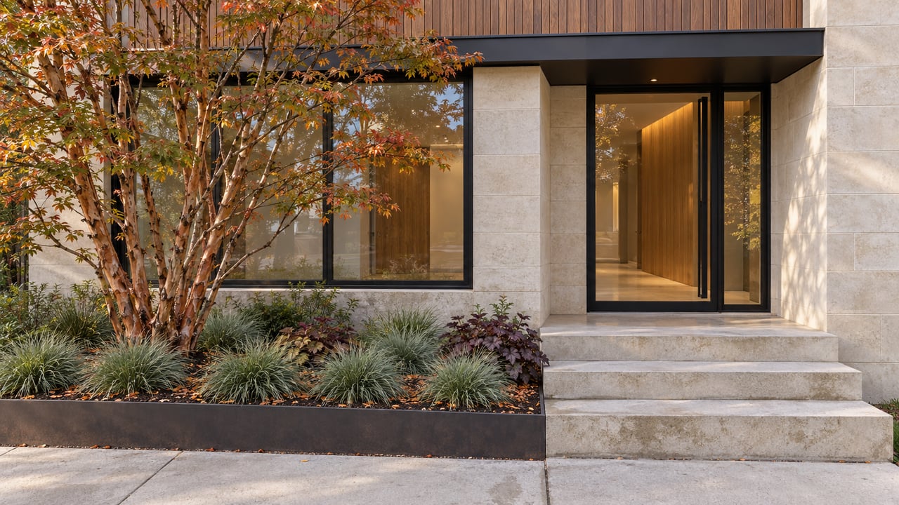 Modern limestone entry with glass door, timber cladding, and a multi-stem tree in the planting bed.