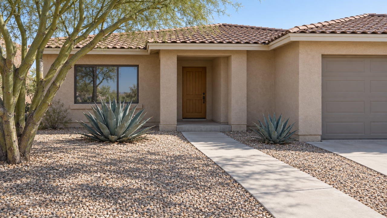 Single-story sand-stucco home with a shaded entry, concrete-tile roof, gravel front yard, sculptural blue palo verde and two agaves.