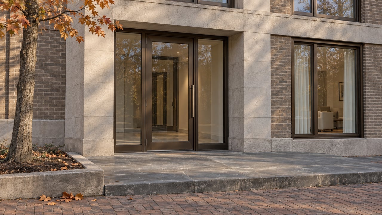 Recessed glass residential entrance framed by limestone and brown-gray brick, with a worn bluestone step and copper autumn maple leaves.