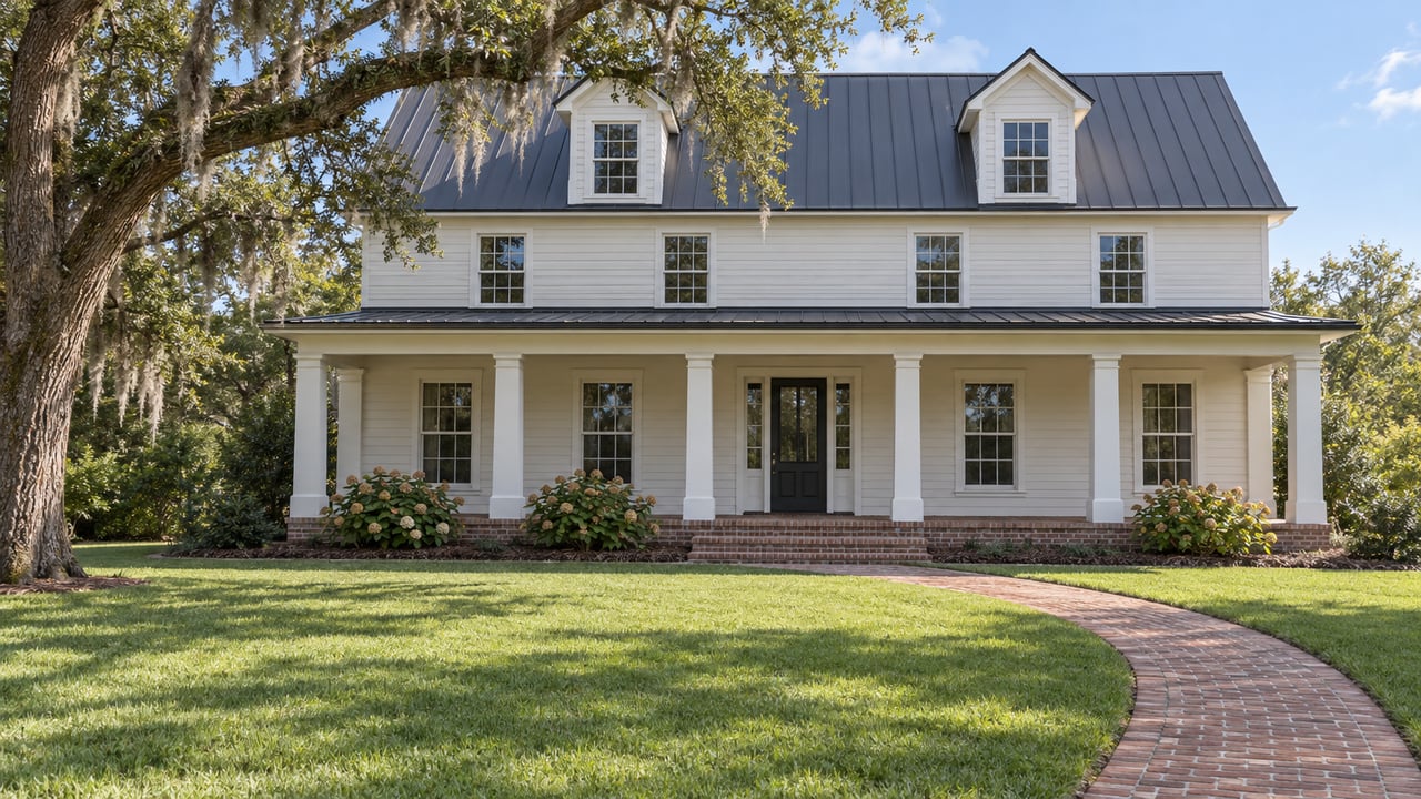 Ivory clapboard house with a broad brick porch, deep lawn, and a mature spreading oak in late-morning light.