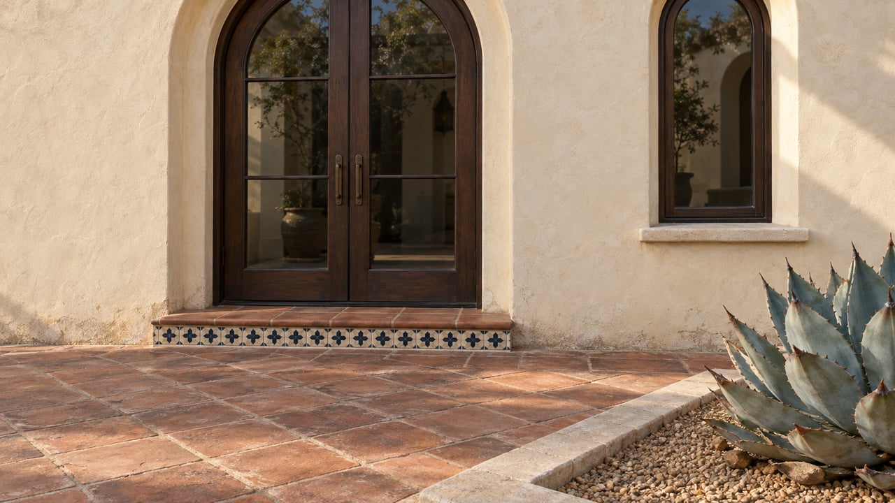 Cream stucco courtyard with arched timber-and-glass doors, weathered terracotta paving, patterned tile step and a blue-gray agave.