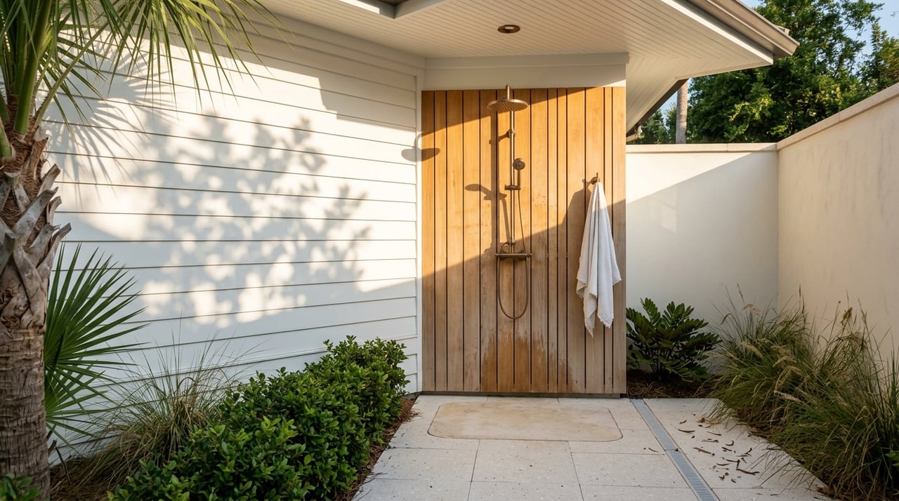Outdoor shower alcove beside a coastal home, with cedar, stucco, native plants, and palm shadows.