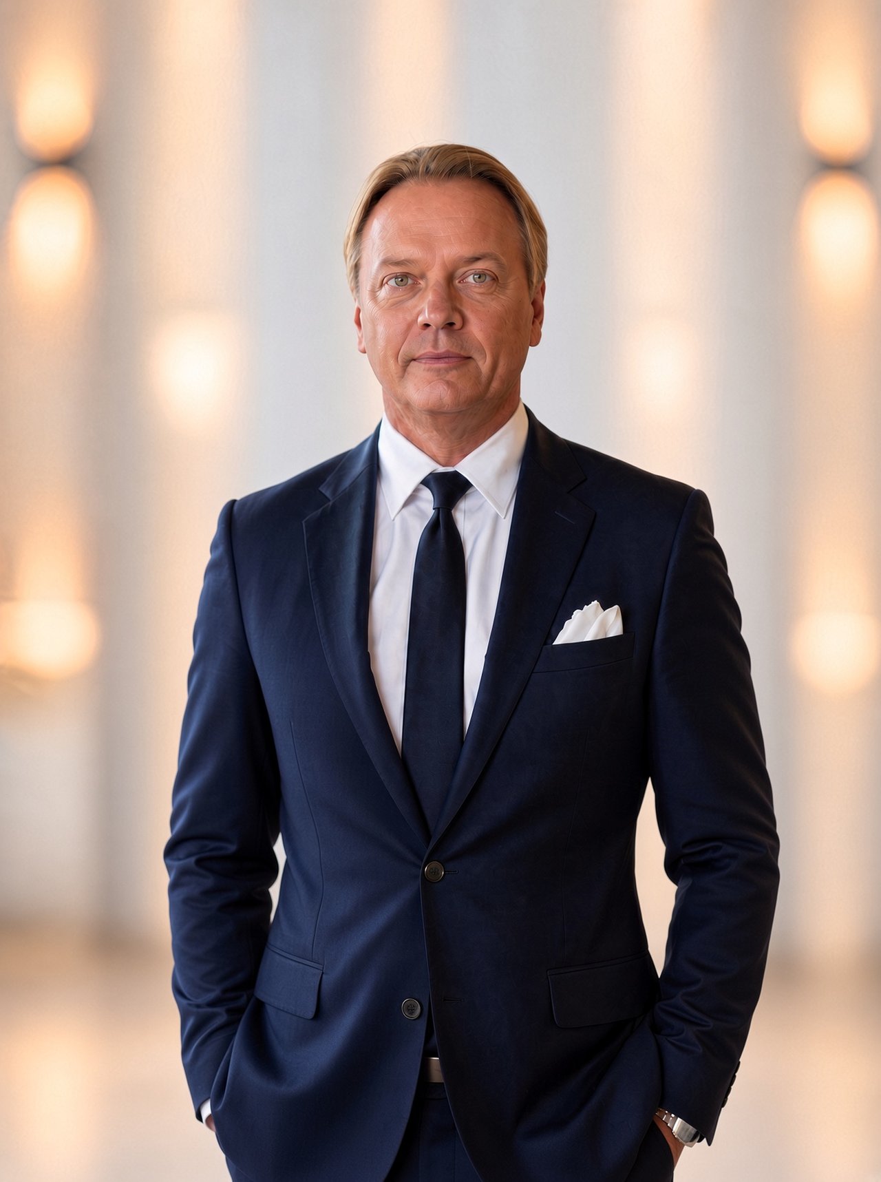 Herb Entwistle in a navy suit and tie against a softly lit background.