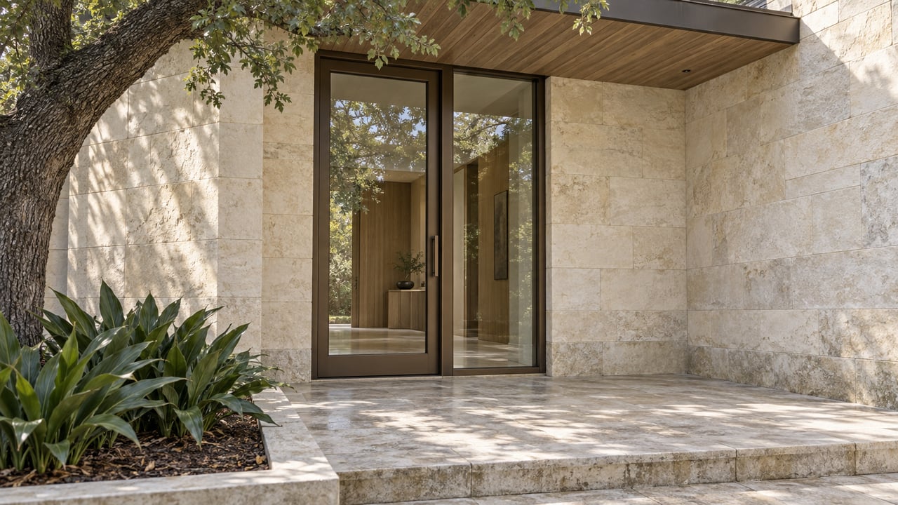 Covered limestone entry with bronze-framed glazing, cedar soffit, and a live oak beside a planted stone-bordered approach.