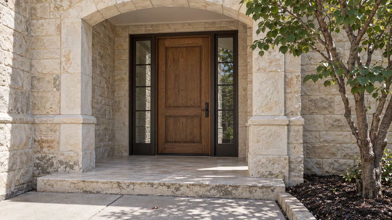 Pale limestone arched entrance with an oak door, bronze-framed sidelights and a branching redbud beside the stone porch.