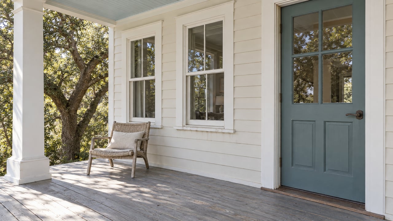 Sunlit raised cottage porch with weathered gray floorboards, off-white lap siding, two windows and a blue-green glazed entry door.