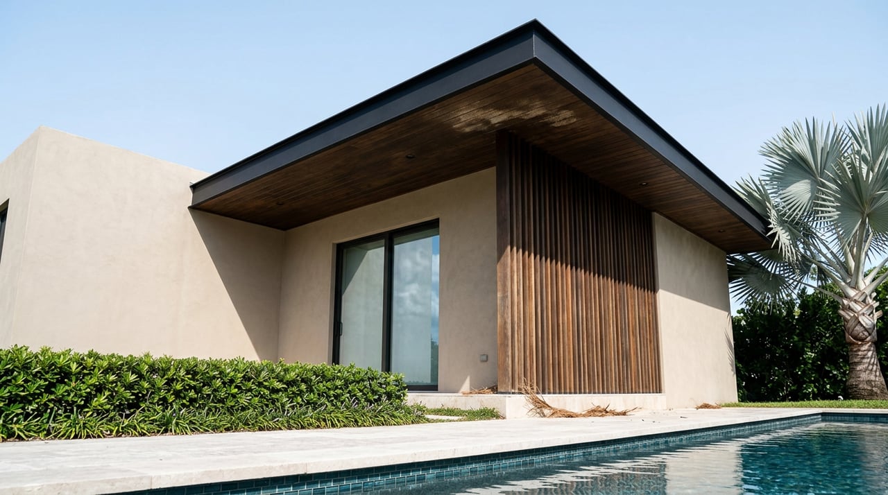 Stucco residence with a wood-slat screen and projecting timber soffit above a blue-green pool, framed by a silver-blue palm.