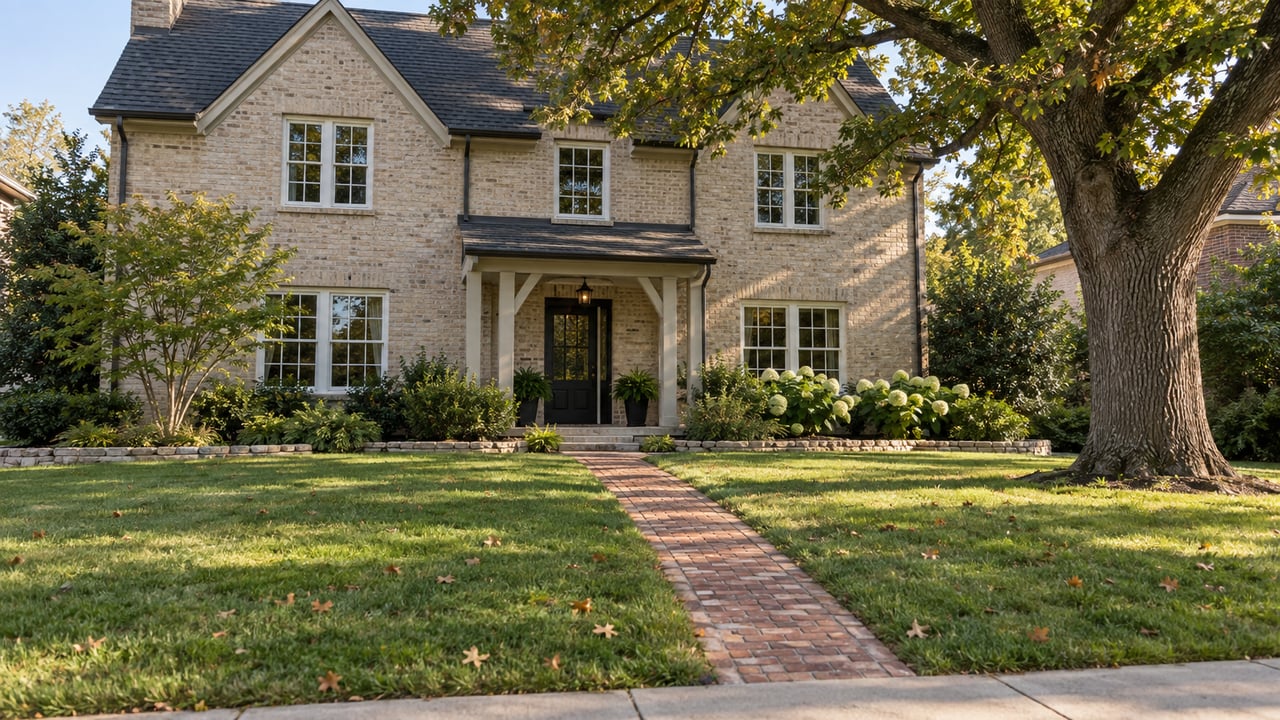 Two-story buff-brick house beyond a deep lawn and brick walk, with oak tree and hydrangeas.