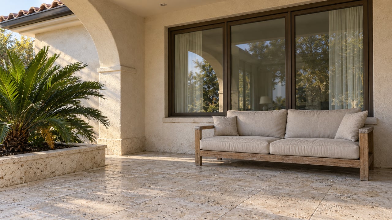 Covered terrace with shell-limestone paving, ivory stucco arches, a bronze-framed window and a weathered teak settee beside a coontie planting.