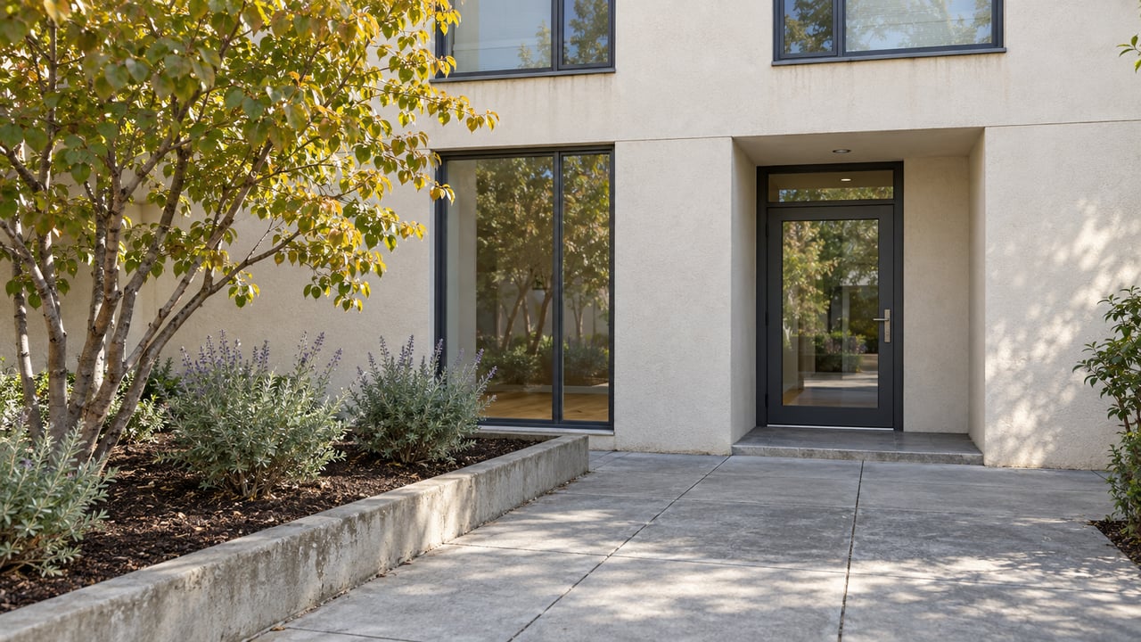 Sunlit condominium courtyard with warm stucco walls, charcoal-framed windows, a recessed glazed entry and a mature branching tree beside a raised planting bed.