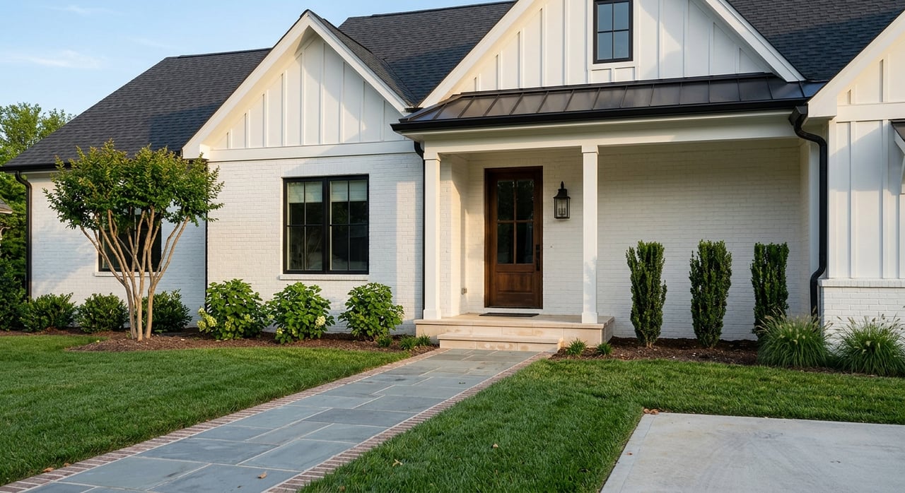White-brick home with black-framed windows, walnut door, and bluestone walkway through a broad lawn.