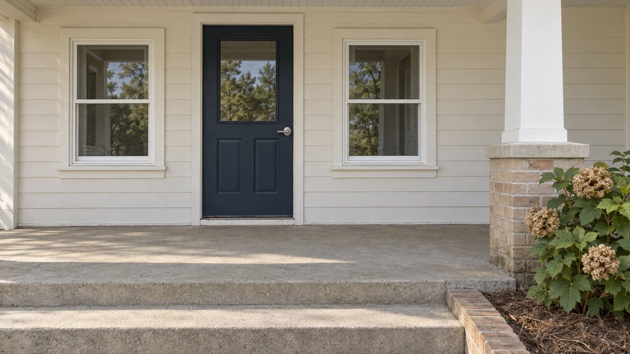 Covered home entry with ivory siding, a navy door, paired windows and weathered concrete steps beside an oakleaf hydrangea.
