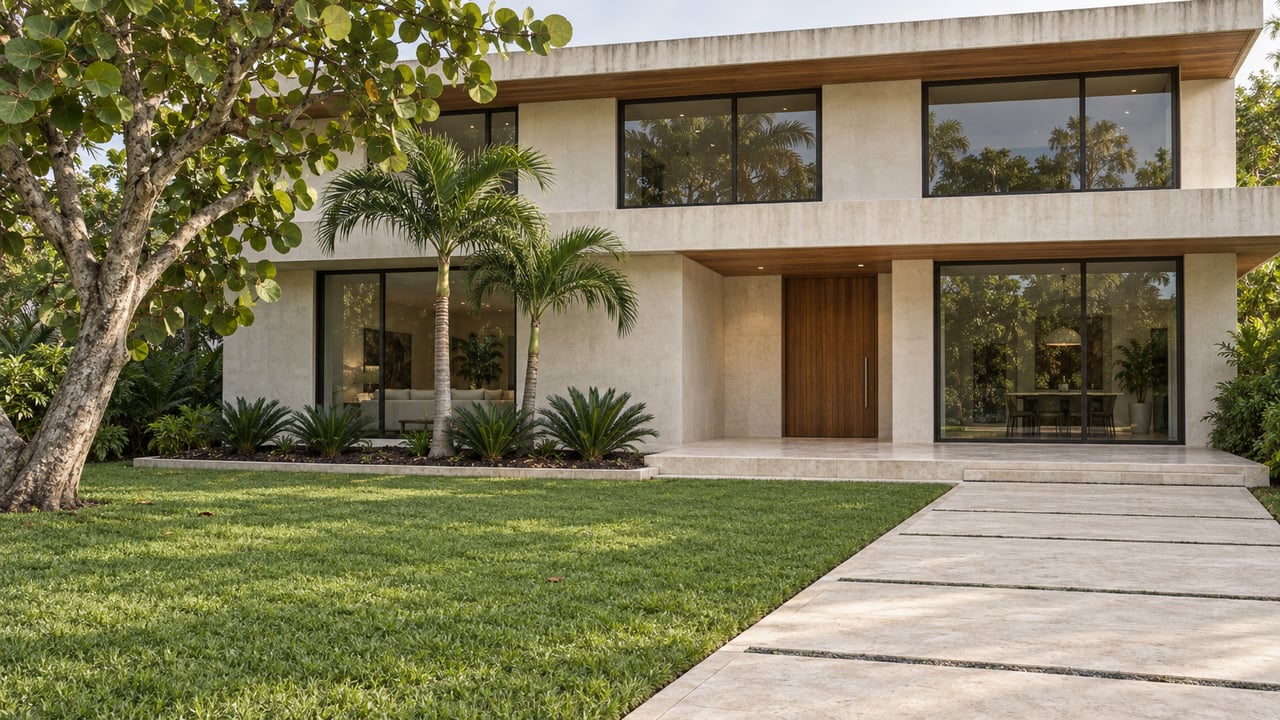 An established modern luxury home with pale stone paving, teak soffits, dark framed glazing, and a deep tropical front garden.