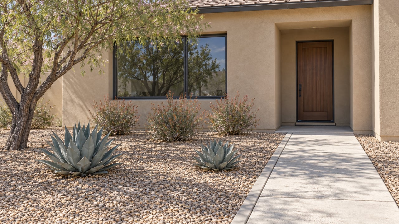 Sand-colored stucco home with a recessed wood-toned entry, concrete walkway, desert willow, and sculptural agaves in a gravel front yard.