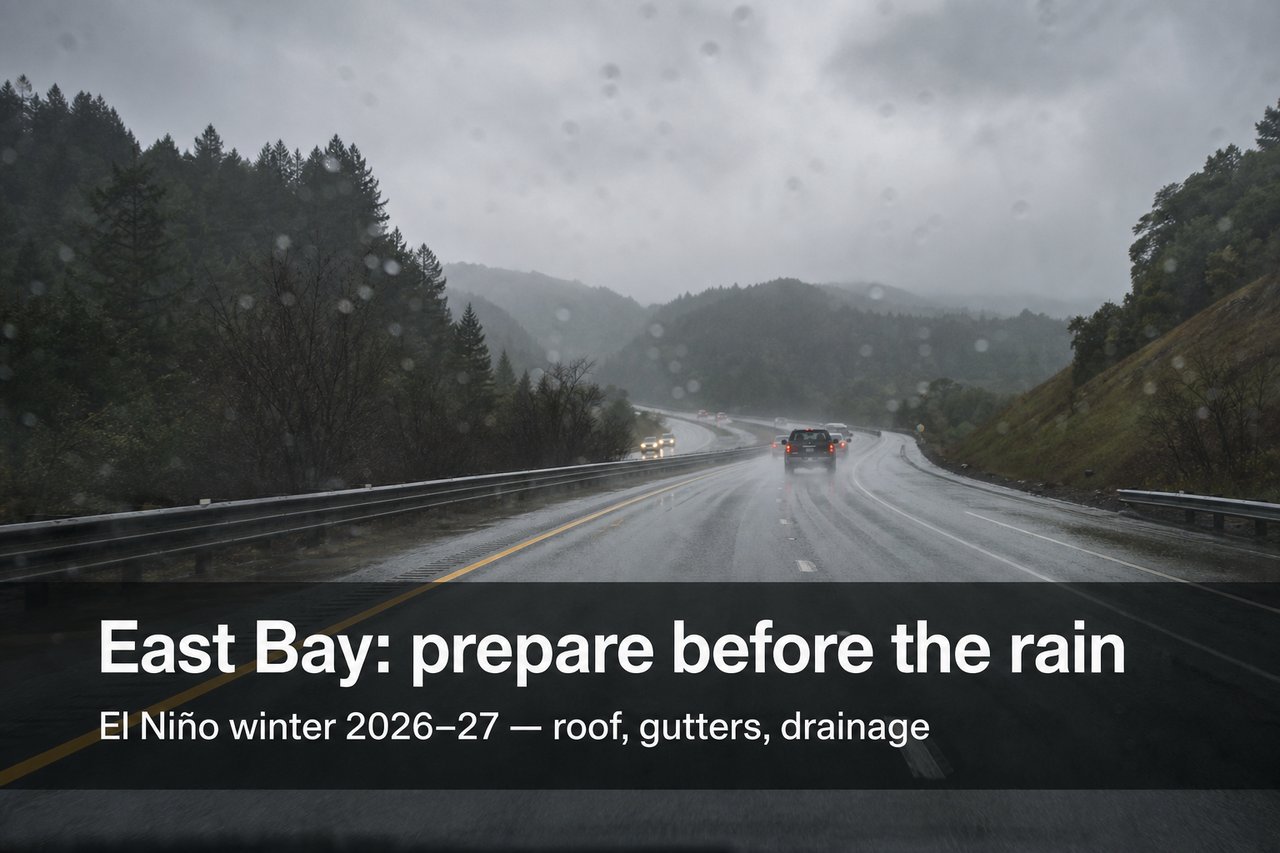 Rain on a Northern California highway with headline East Bay prepare before the rain El Niño winter 2026-27