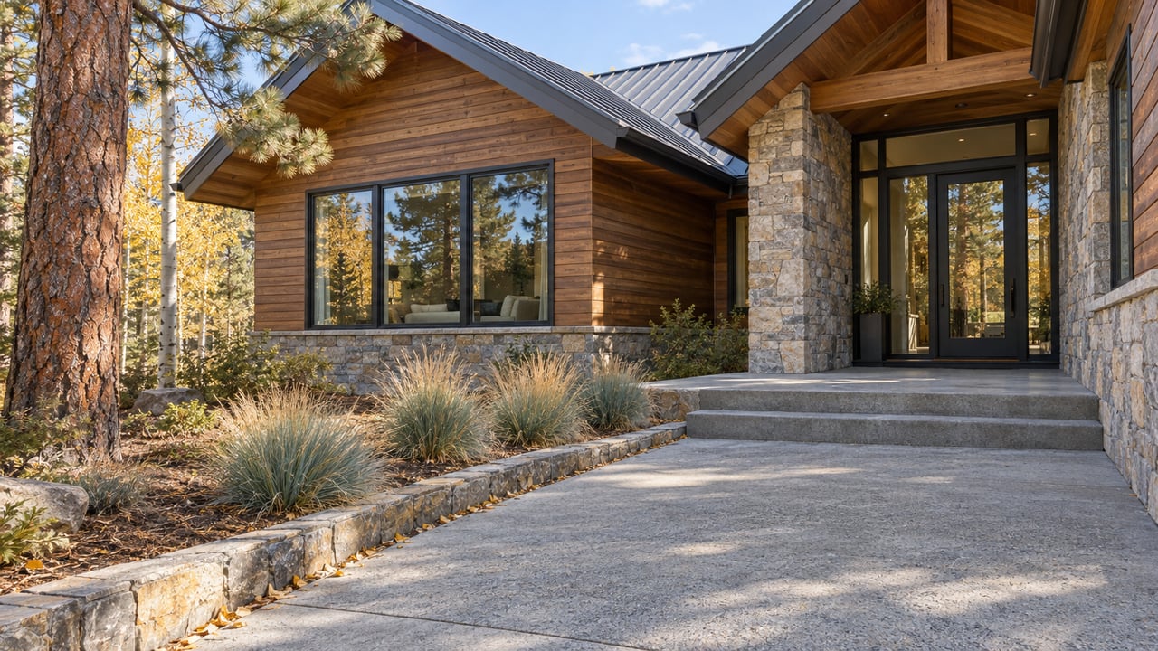Cedar-and-stone home with broad gabled roofs, large windows and a stepped concrete approach beside pine and gold-leaved aspens.