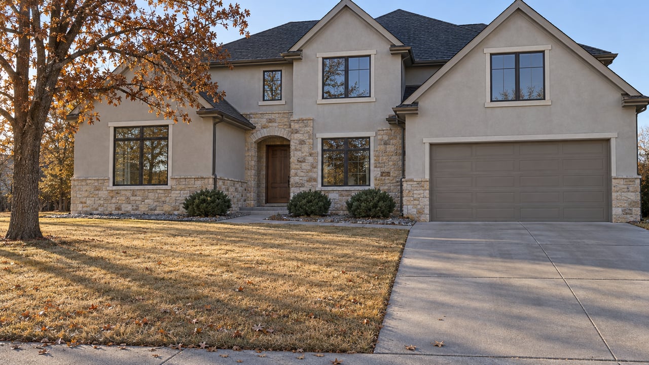 Stone-and-stucco two-story home with a deep dormant lawn, broad concrete driveway and a mature oak in late-autumn light.