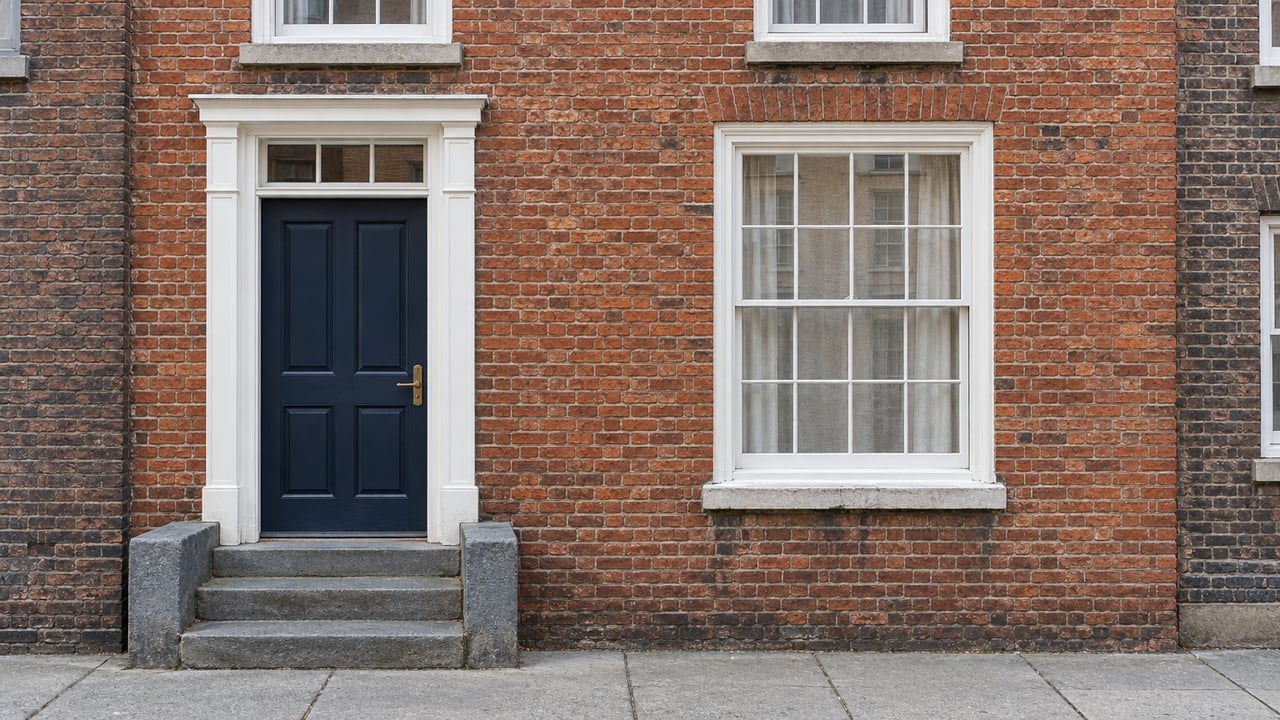 Weathered red-brick home with white sash windows, a navy entrance door and worn bluestone entry steps.