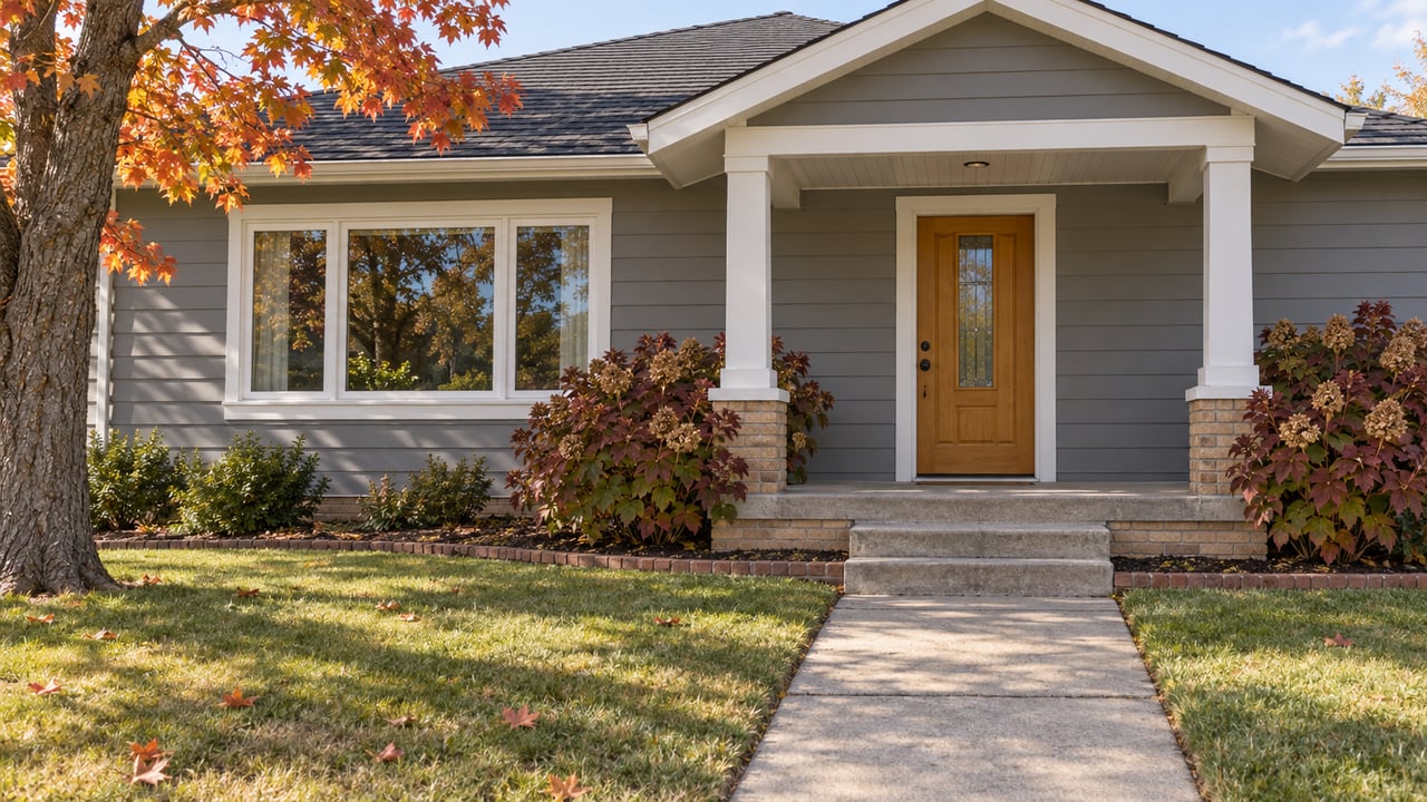 Gray bungalow with a white-trimmed porch, oak front door, concrete walk and orange-red maple foliage in autumn sunlight.