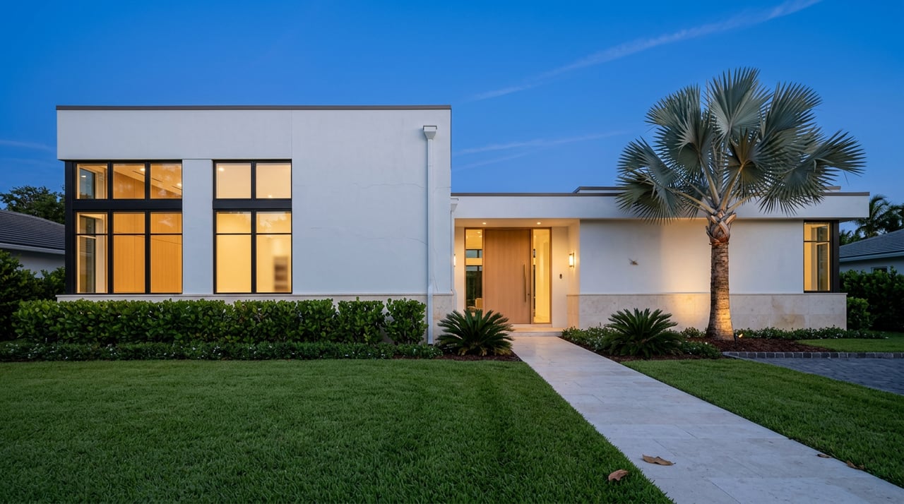 Modern white stucco home at blue hour, with glowing windows, a warm-lit entry, and uplighted palm.