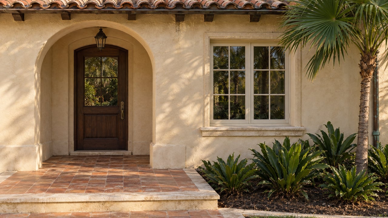 Sunlit ivory stucco villa entry with an arched timber door, terracotta landing, limestone step and sculptural fan palm.