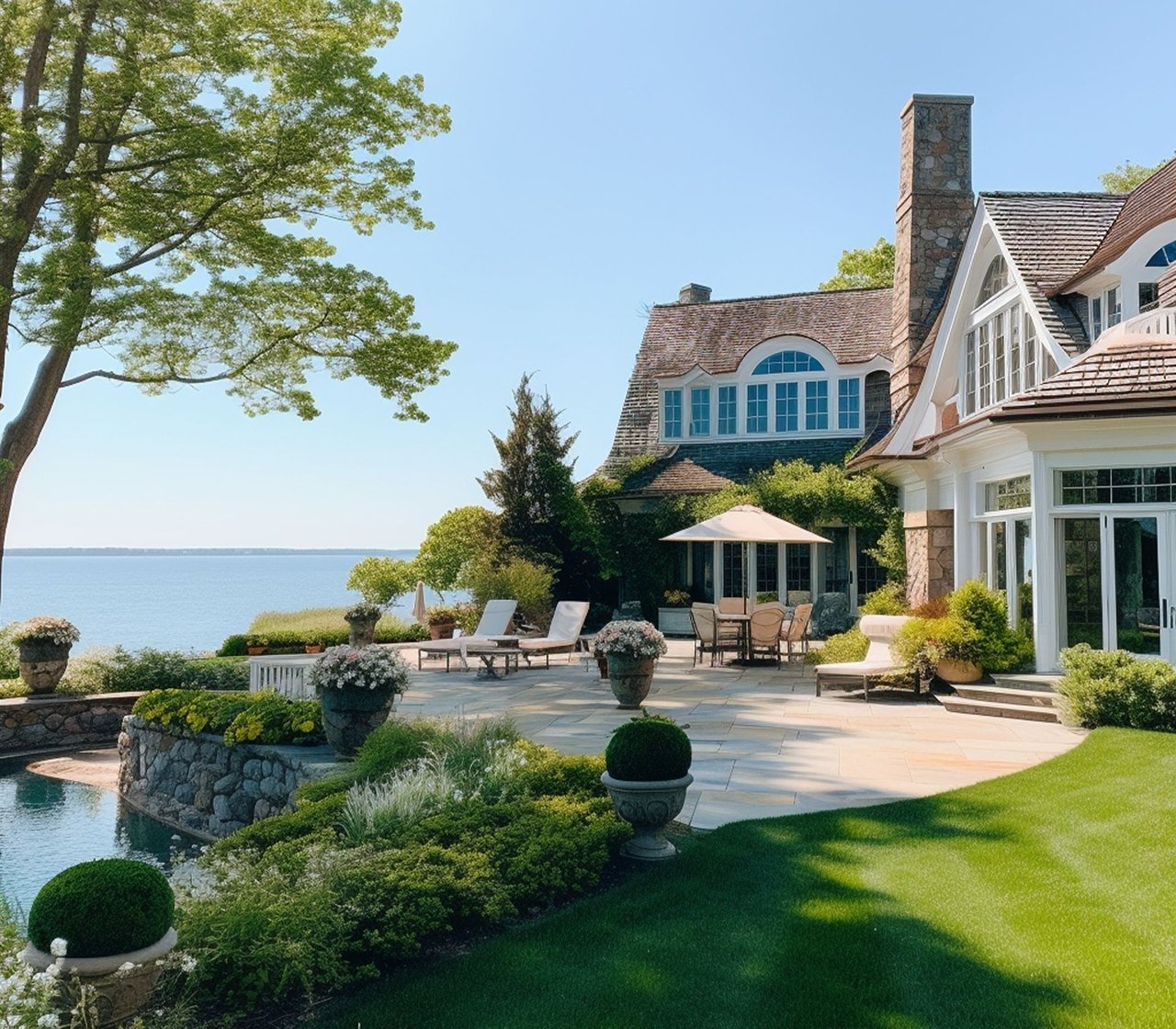 Waterfront home with a stone-edged pool, landscaped patio, and open water views.