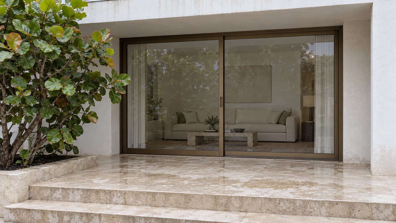 White stucco condominium terrace with bronze-framed glass doors, pale limestone steps and a sculptural sea grape tree.