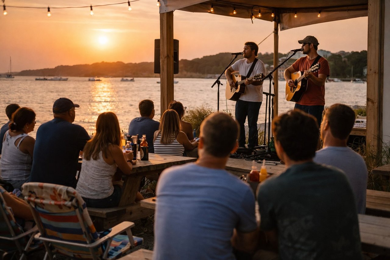Outdoor live music scene with a summer crowd at sunset
