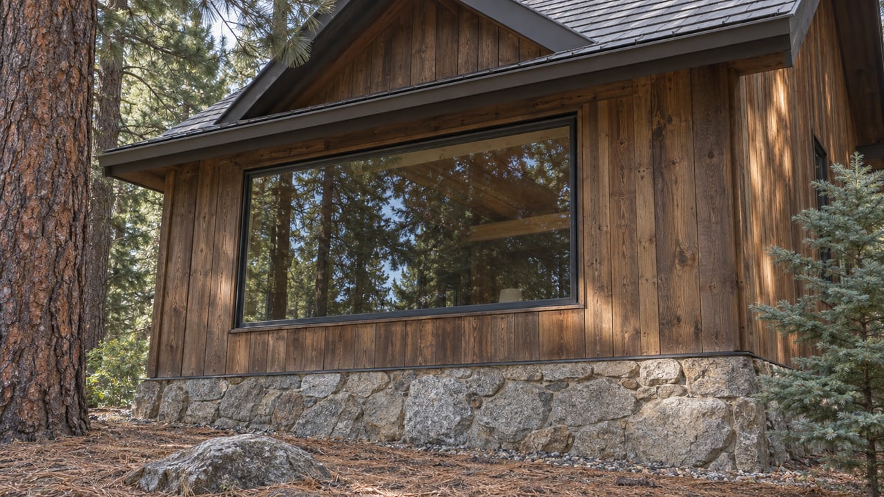 Cedar-clad cabin bay with a broad dark-framed window above a granite foundation, among pine trees.