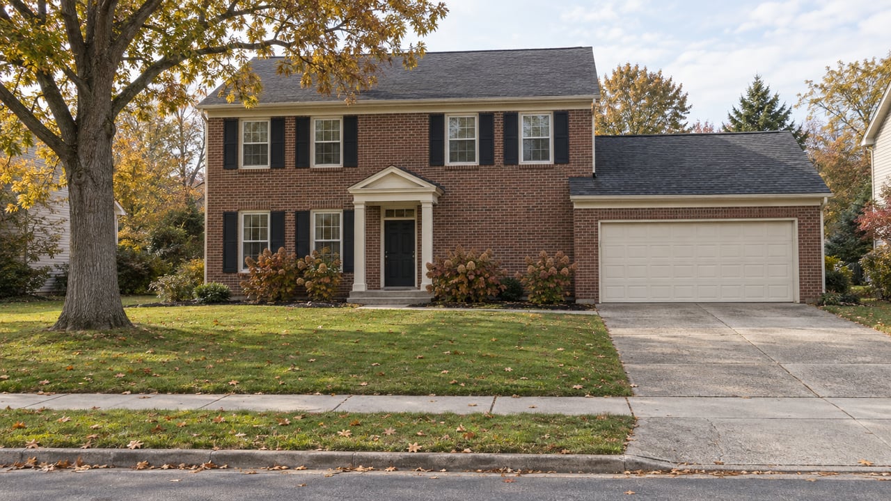 Two-story red-brown brick house with cream trim, an attached garage and a deep autumn lawn beneath a mature oak.